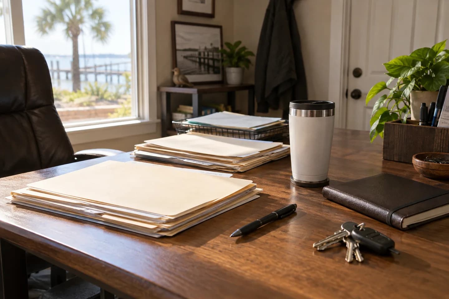 A small-business desk with document folders, a journal and keys.