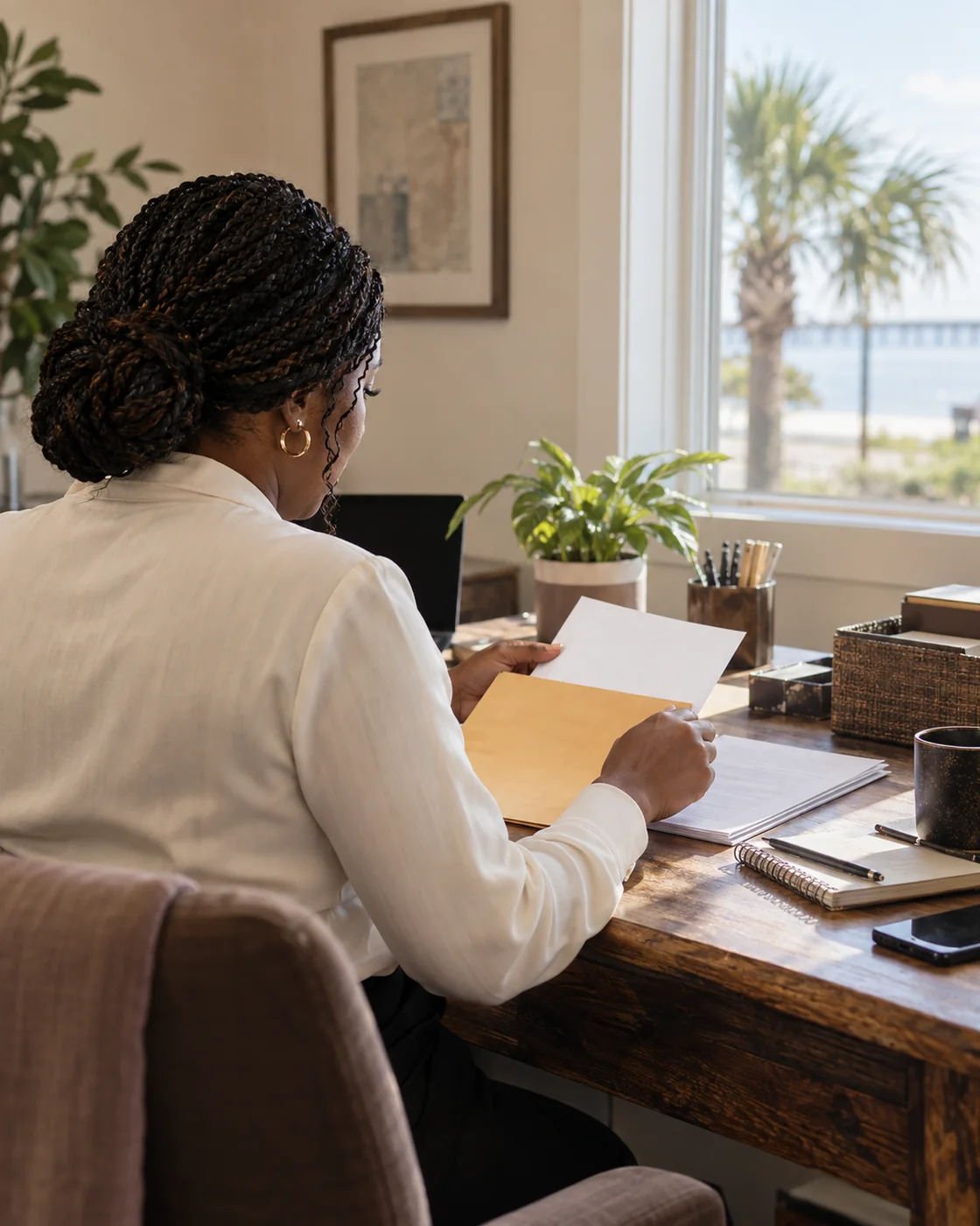 A document professional reviewing a delivery packet at a desk.