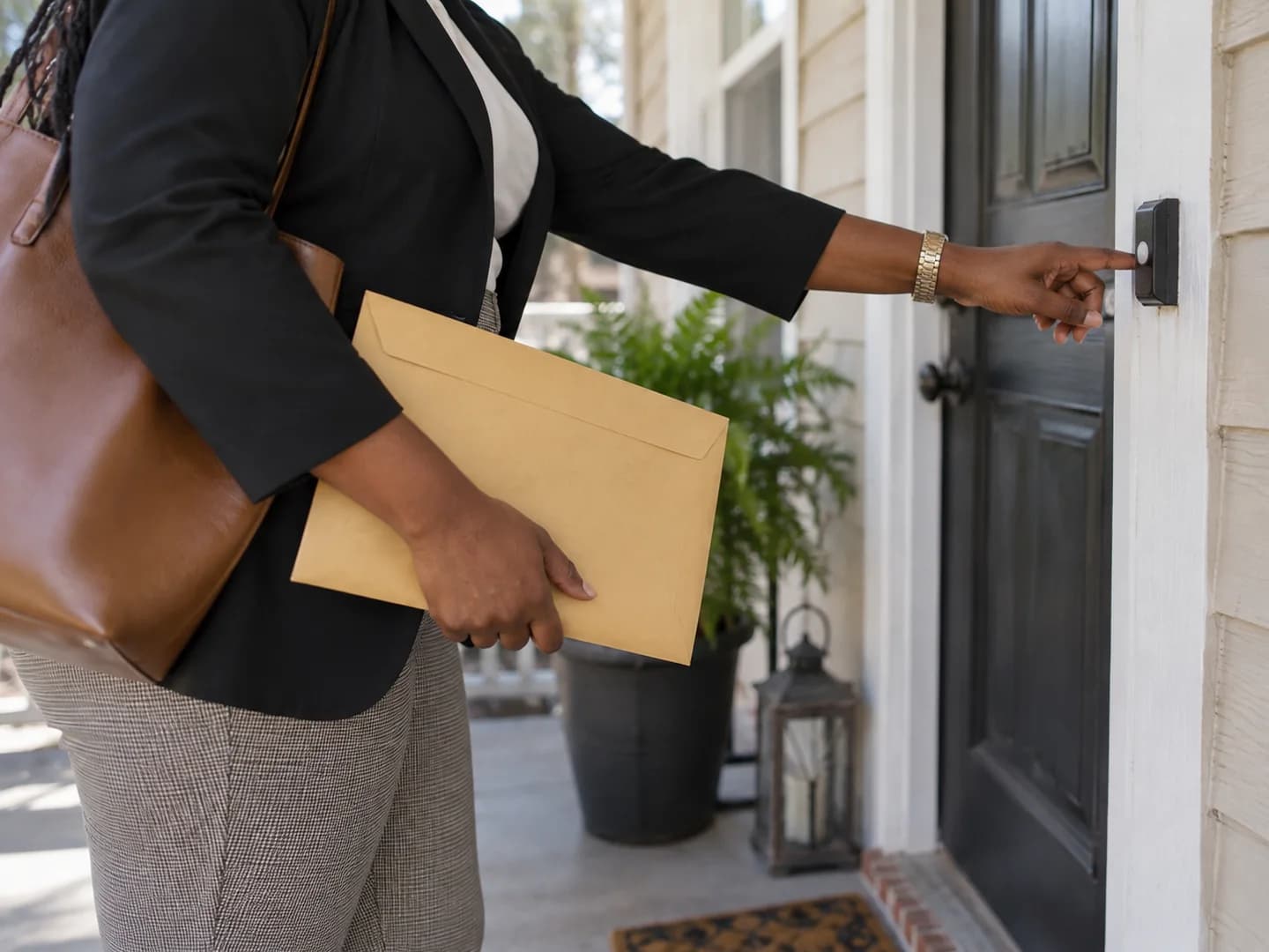 A document professional approaching a residential door with an envelope.