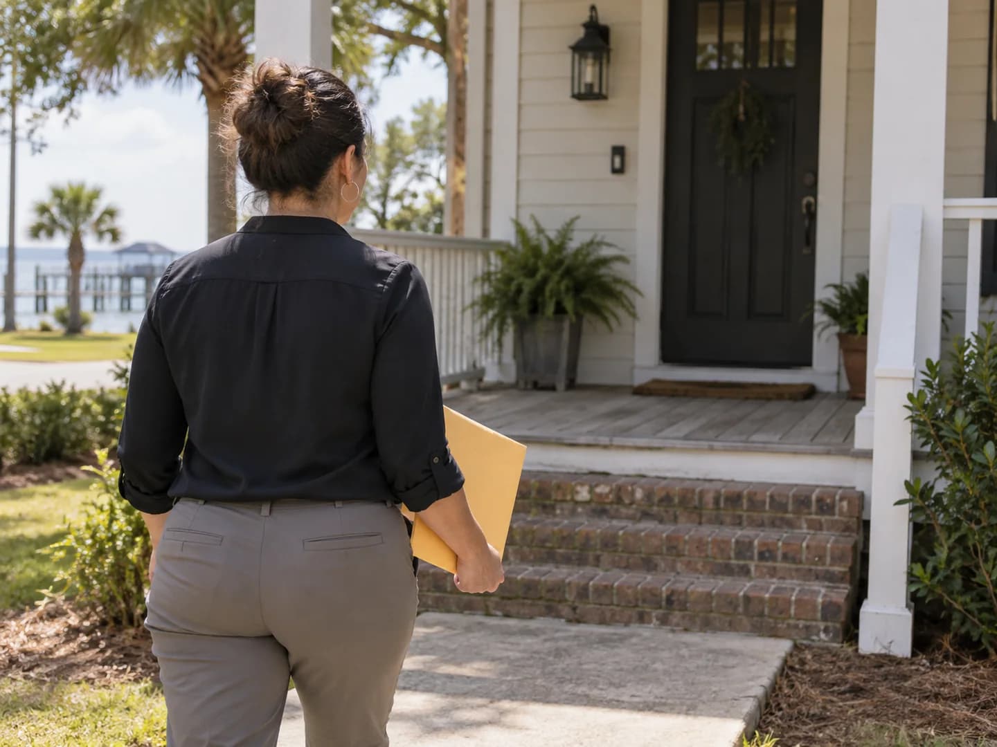 A professional carrying a sealed document envelope to a residential door.