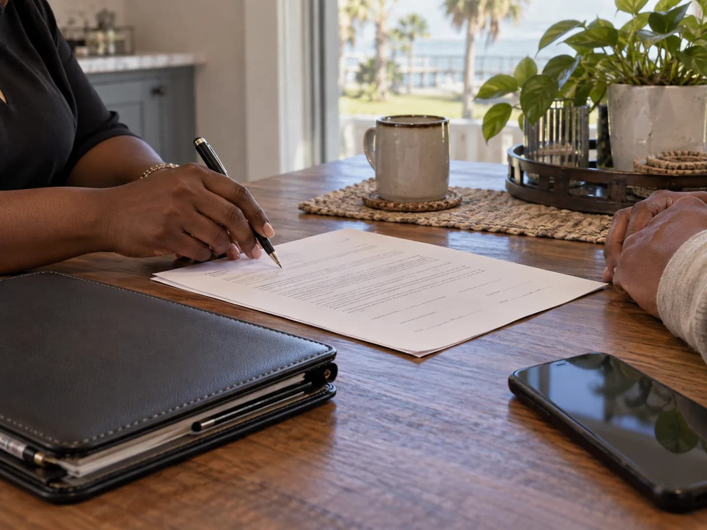A notary recording details beside a document at a client's table.