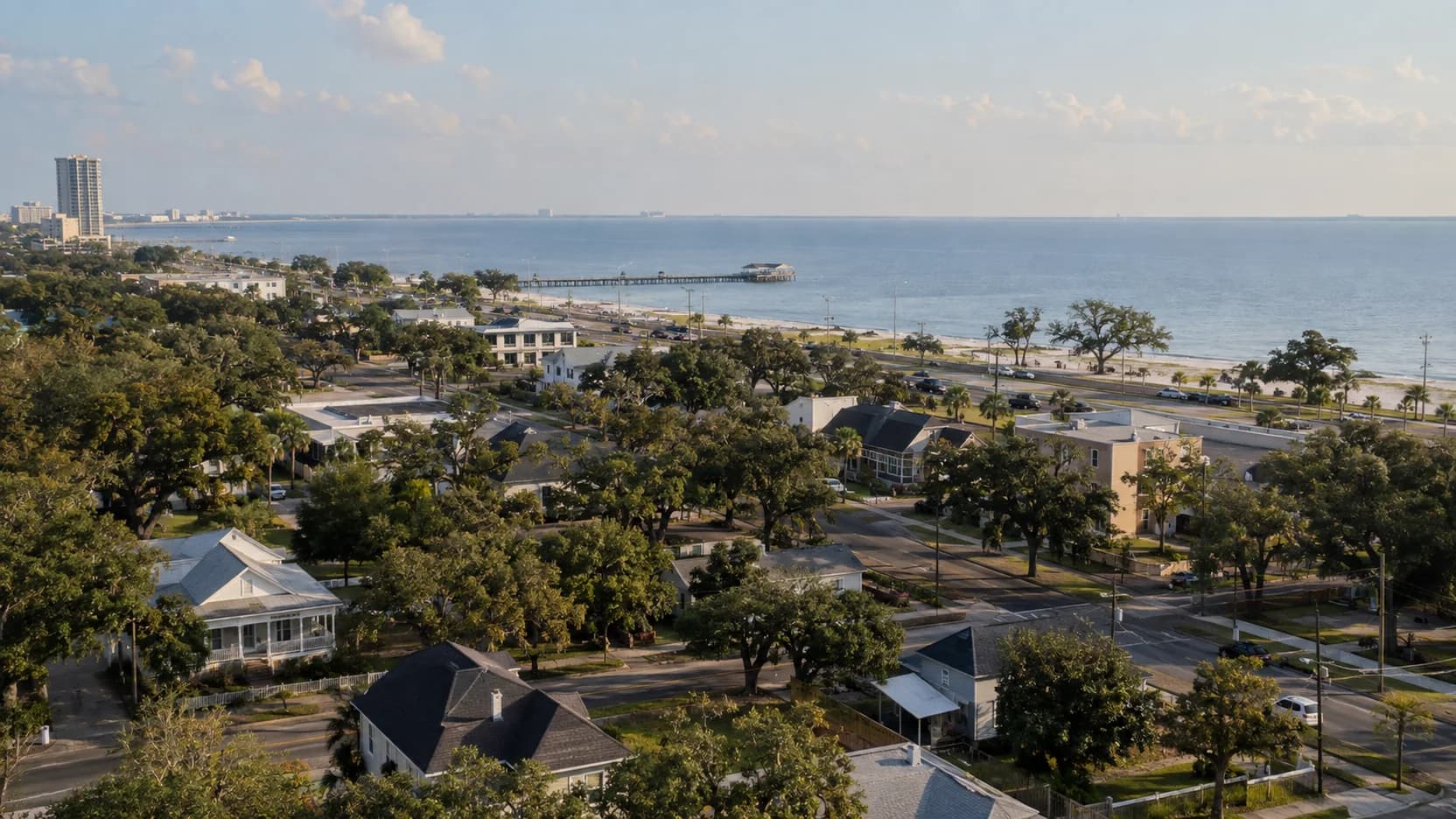 Low-rise coastal neighborhoods and shoreline viewed from above.