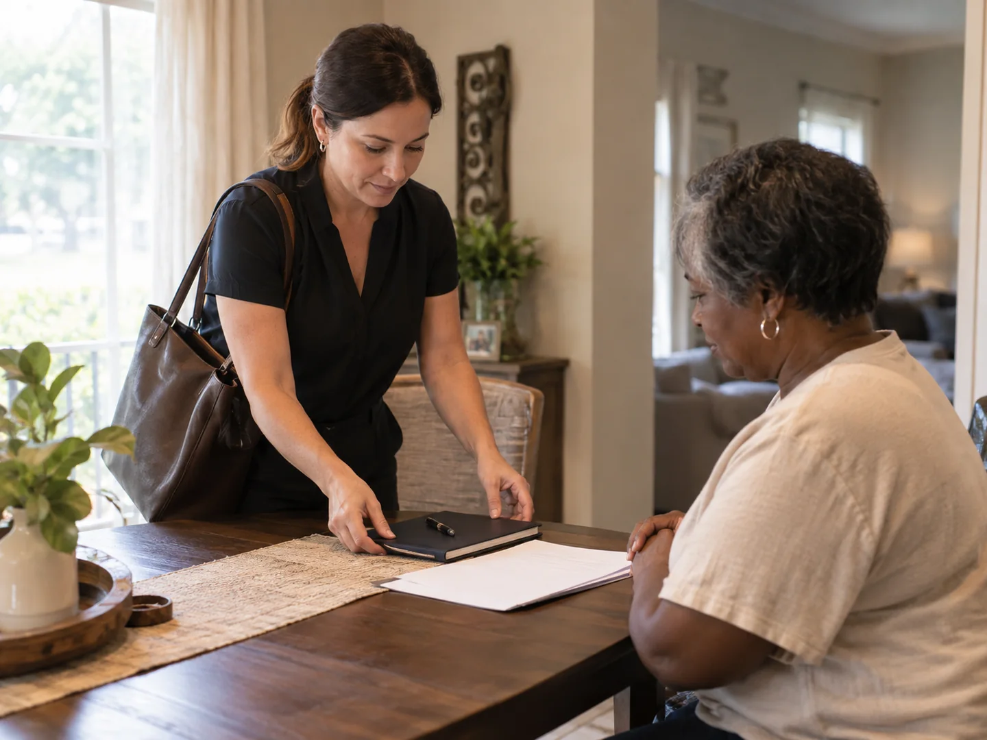 A notary setting out documents for signing at a client's location.
